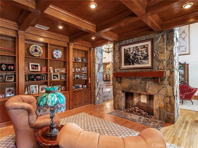 11485 Awenita Ct, Chatsworth, CA 91311 - living room featuring a wooden ceiling with exposed beams, hardwood / wood-style flooring, coffered ceiling, crown molding, and a fireplace