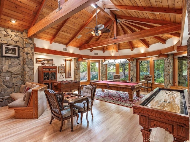 11485 Awenita Ct, Chatsworth, CA 91311 - rec room featuring billiards, a wood ceiling with exposed beams, light wood-style floors, and high vaulted ceiling