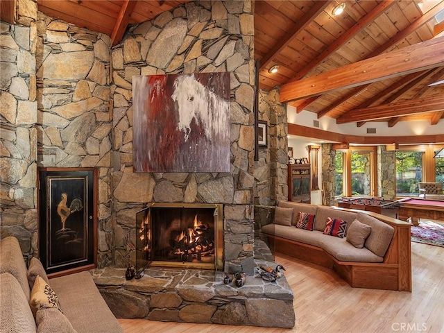11485 Awenita Ct, Chatsworth, CA 91311 - living area with wooden ceiling, a stone fireplace, and wood finished floors