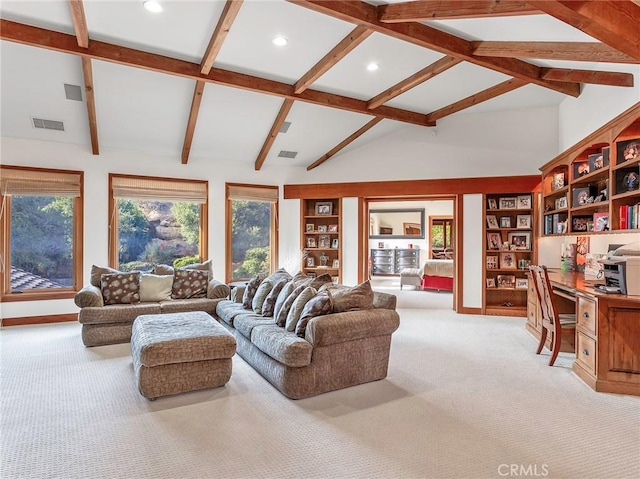 11485 Awenita Ct, Chatsworth, CA 91311 - living area with light colored carpet, built in study area, recessed lighting, beamed ceiling, and high vaulted ceiling