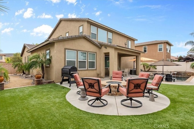 35403 Laurel Tree Ct, Winchester, CA 92596 - rear view of property with an outdoor fire pit, a fenced backyard, stucco siding, and a patio area
