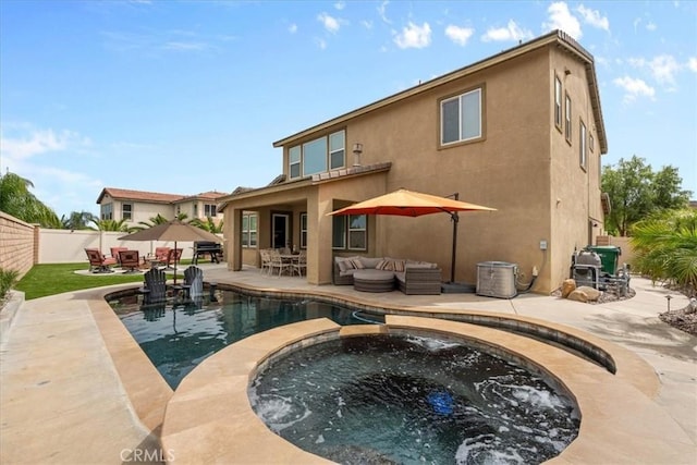 35403 Laurel Tree Ct, Winchester, CA 92596 - view of pool with a patio, an outdoor hangout area, a fenced backyard, a pool with connected hot tub, and outdoor dining area