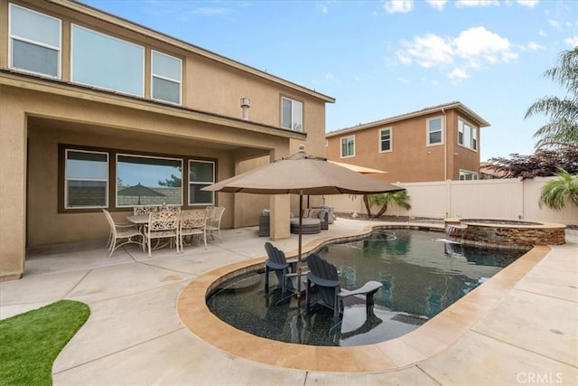 35403 Laurel Tree Ct, Winchester, CA 92596 - view of swimming pool with a fenced backyard, a pool with connected hot tub, a patio, and outdoor dining space