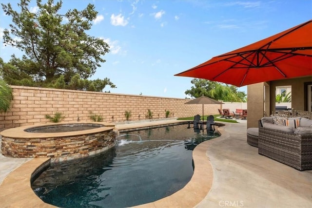 35403 Laurel Tree Ct, Winchester, CA 92596 - view of swimming pool with a fenced backyard, a pool with connected hot tub, and a patio