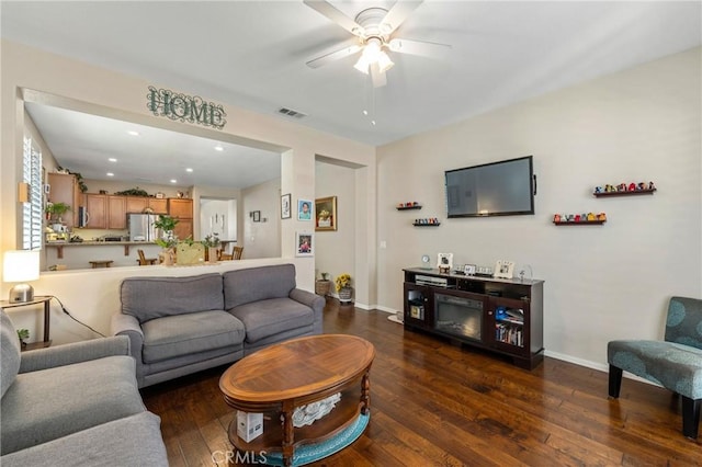 16767 Desert Lily St, Victorville, CA 92394 - living area featuring hardwood / wood-style floors, a ceiling fan, and recessed lighting