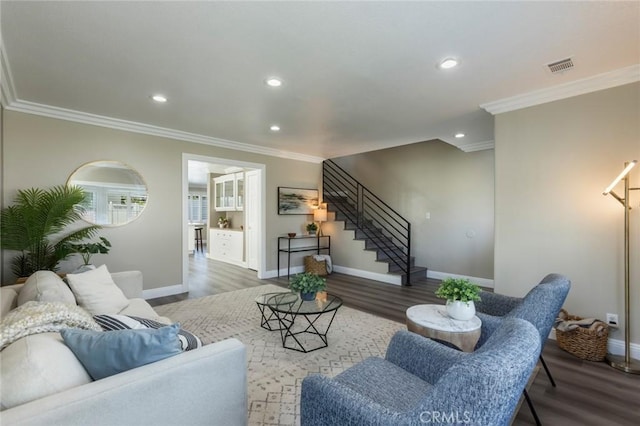 2306 255th St, Lomita, CA 90717 - living room featuring ornamental molding, stairs, recessed lighting, and wood finished floors