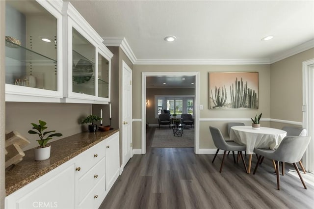 2306 255th St, Lomita, CA 90717 - dining room featuring dark wood-style flooring, ornamental molding, and recessed lighting
