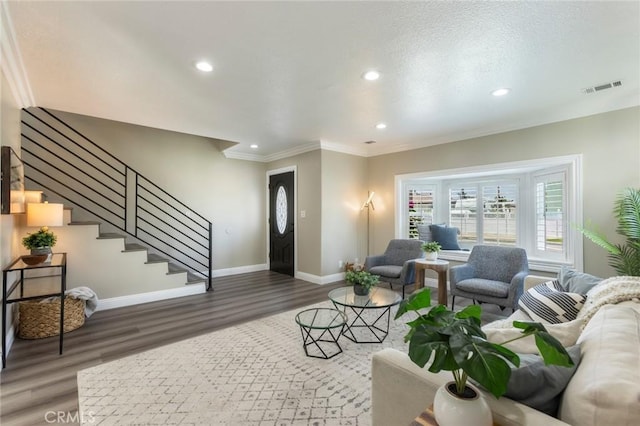 2306 255th St, Lomita, CA 90717 - living area featuring stairs, wood finished floors, recessed lighting, and crown molding
