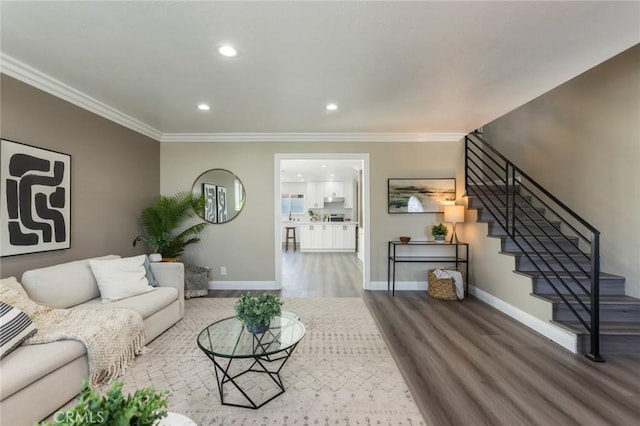 2306 255th St, Lomita, CA 90717 - living area featuring wood finished floors, stairs, ornamental molding, and recessed lighting