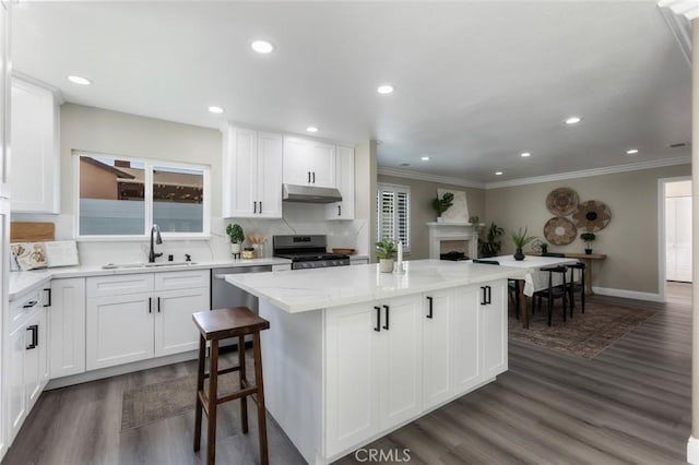 2306 255th St, Lomita, CA 90717 - kitchen featuring appliances with stainless steel finishes, a kitchen island, ornamental molding, under cabinet range hood, and dark wood-style floors