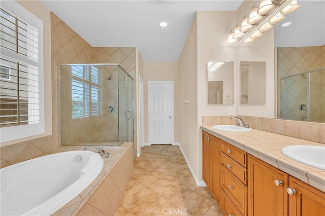10850 Cameron Ct, Corona, CA 92883 - bathroom featuring a bath, a shower stall, double vanity, and tile patterned flooring