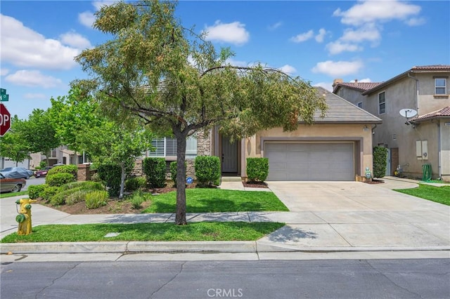 10850 Cameron Ct, Corona, CA 92883 - view of property hidden behind natural elements featuring an attached garage, concrete driveway, a tile roof, and stucco siding