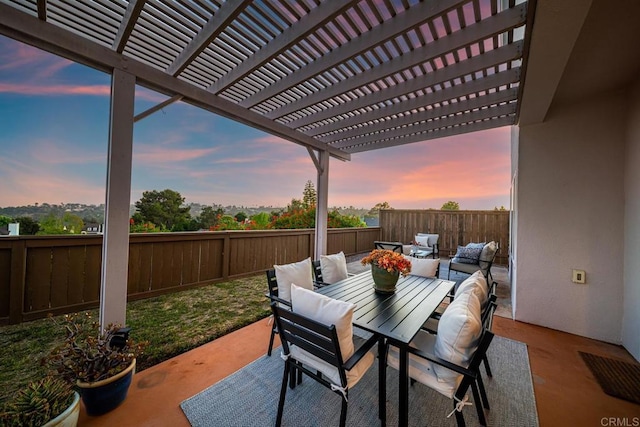 4507 Carnaby Ct, Carlsbad, CA 92010 - patio terrace at dusk featuring a fenced backyard, a pergola, a patio, outdoor dining space, and an outdoor living space