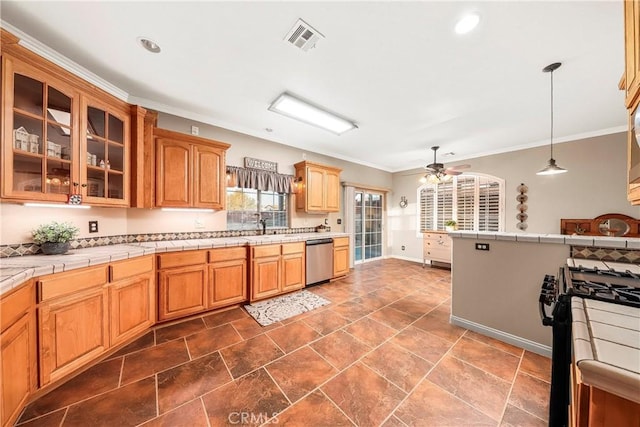 33430 133rd St E, Pearblossom, CA 93553 - kitchen with gas stove, dishwasher, glass insert cabinets, a ceiling fan, and ornamental molding