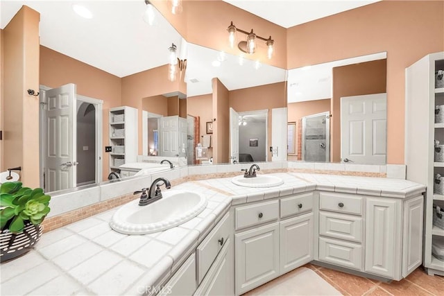 33430 133rd St E, Pearblossom, CA 93553 - full bath with a stall shower, double vanity, and tile patterned flooring