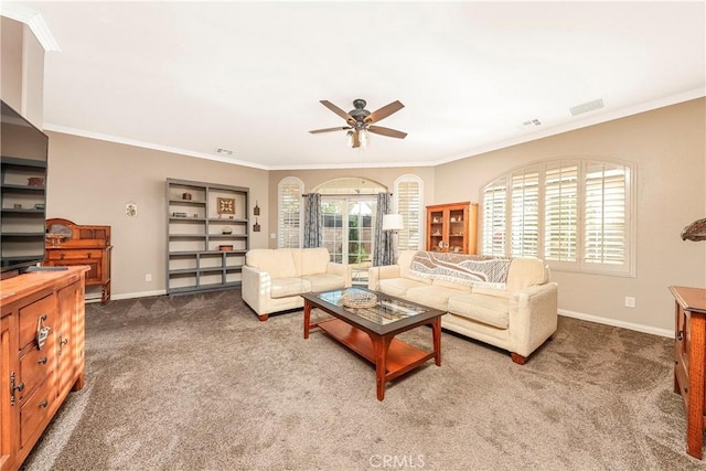 33430 133rd St E, Pearblossom, CA 93553 - carpeted living room with ceiling fan and crown molding