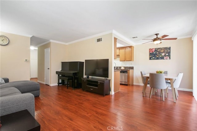 1469 Forest Glen Dr Unit 193, Hacienda Heights, CA 91745 - living room featuring ornamental molding, dark wood-style flooring, and ceiling fan