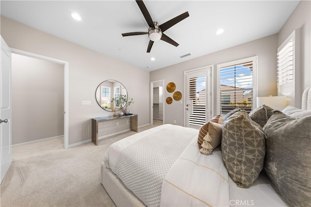 53 Bay Laurel, Irvine, CA 92620 - bedroom featuring access to exterior, carpet floors, recessed lighting, and ceiling fan