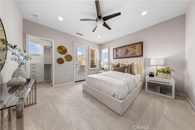 53 Bay Laurel, Irvine, CA 92620 - bedroom featuring light colored carpet, access to outside, a spacious closet, recessed lighting, and ceiling fan