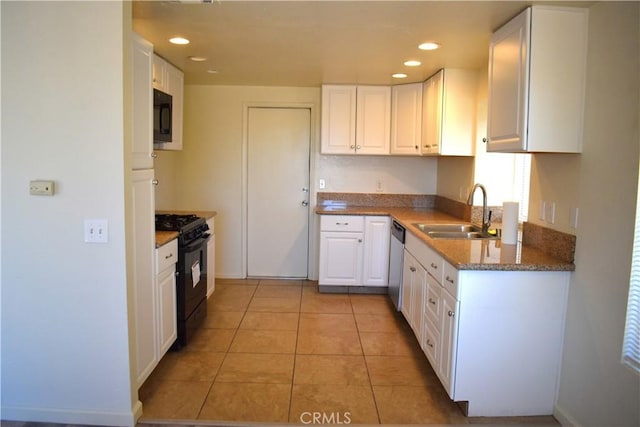 13548 Mount Ranier Way, Hesperia, CA 92345 - kitchen featuring black appliances, white cabinets, light tile patterned floors, recessed lighting, and stone counters