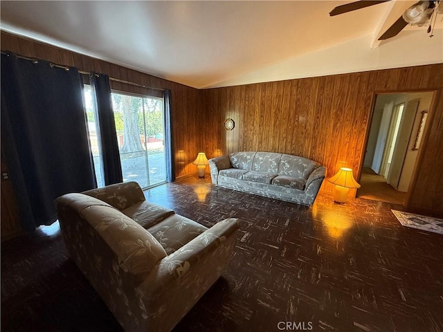 1836 E Walnut Crk, West Covina, CA 91791 - living area with wood walls, lofted ceiling, and a ceiling fan