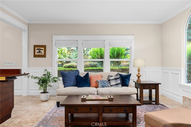 3130 Shady Grove Ct, Chico, CA 95973 - living area featuring plenty of natural light, crown molding, a decorative wall, and a wainscoted wall