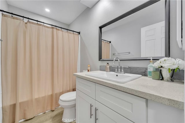 6231 Almond Valley Way, Quartz Hill, CA 93536 - bathroom with vanity, wood finished floors, shower / tub combo with curtain, and recessed lighting
