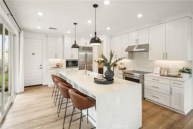 4836 Arroyo Run, Moorpark, CA 93021 - kitchen featuring built in appliances, healthy amount of natural light, under cabinet range hood, backsplash, and recessed lighting