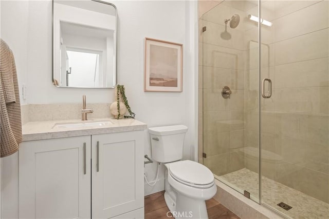 4836 Arroyo Run, Moorpark, CA 93021 - full bath featuring vanity, a shower stall, and wood finished floors