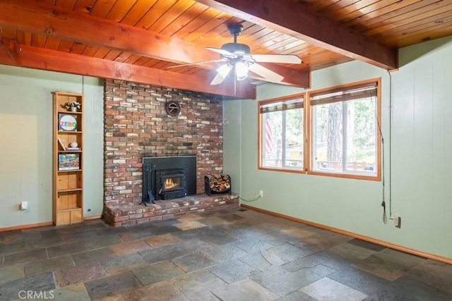2616 Secret Dr, Running Springs, CA 92382 - unfurnished living room with a wood ceiling with exposed beams, ceiling fan, and stone tile flooring