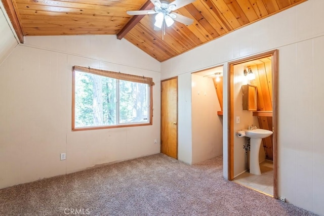 2616 Secret Dr, Running Springs, CA 92382 - unfurnished bedroom with carpet, connected bathroom, and wood ceiling