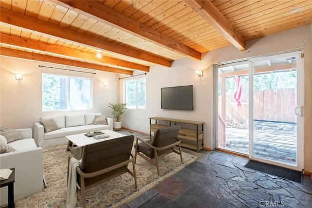 2616 Secret Dr, Running Springs, CA 92382 - living area with stone tile floors and a wooden ceiling with exposed beams
