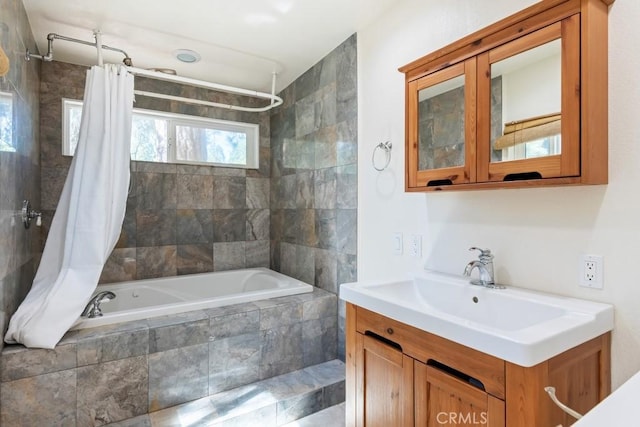 2616 Secret Dr, Running Springs, CA 92382 - bathroom featuring tiled shower / bath combo and vanity