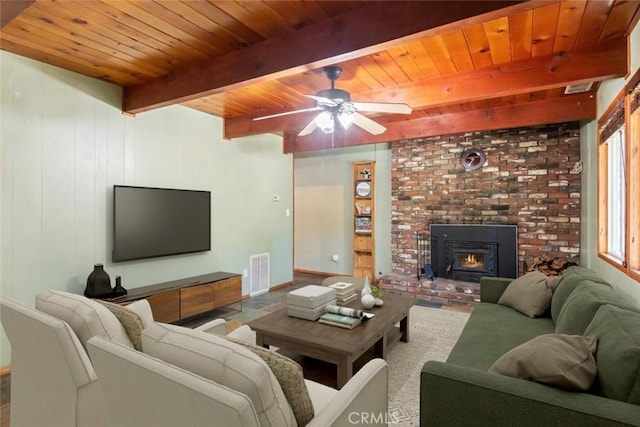2616 Secret Dr, Running Springs, CA 92382 - living area featuring a wooden ceiling with exposed beams, a ceiling fan, and a fireplace