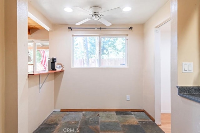 2616 Secret Dr, Running Springs, CA 92382 - unfurnished dining area featuring a ceiling fan, recessed lighting, and stone finish flooring