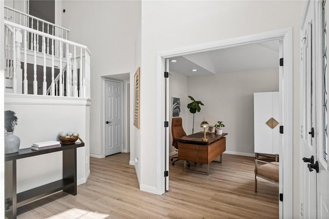 2017 Curtis Ave Unit B, Redondo Beach, CA 90278 - foyer with light wood-style flooring, a high ceiling, recessed lighting, and stairway