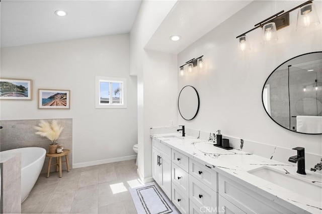 2017 Curtis Ave Unit B, Redondo Beach, CA 90278 - bathroom with double vanity, a soaking tub, an enclosed shower, recessed lighting, and tile patterned flooring