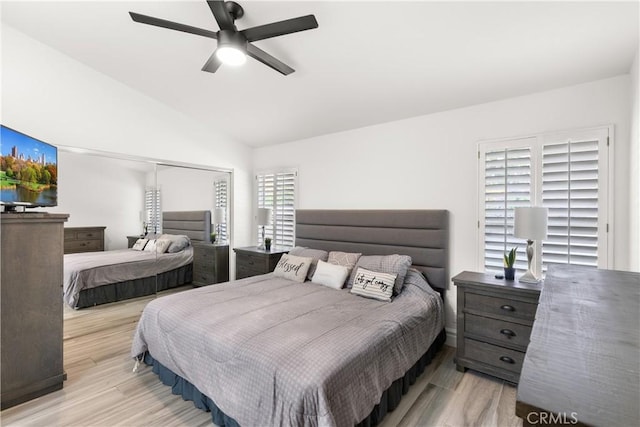 5650 Harvest Way, Yorba Linda, CA 92886 - bedroom featuring wood finished floors, vaulted ceiling, a closet, and ceiling fan