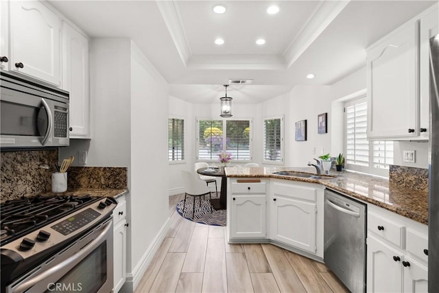 5650 Harvest Way, Yorba Linda, CA 92886 - kitchen featuring appliances with stainless steel finishes, a tray ceiling, healthy amount of natural light, white cabinetry, and recessed lighting