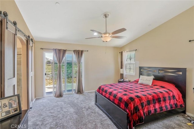32124 Evening Primrose Trl, Campo, CA 91906 - carpeted bedroom with a barn door, access to outside, lofted ceiling, and a ceiling fan