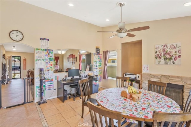 32124 Evening Primrose Trl, Campo, CA 91906 - dining room featuring a ceiling fan, light tile patterned floors, recessed lighting, an office area, and arched walkways