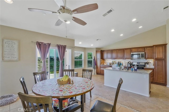 32124 Evening Primrose Trl, Campo, CA 91906 - dining space featuring a ceiling fan, light tile patterned flooring, recessed lighting, and lofted ceiling