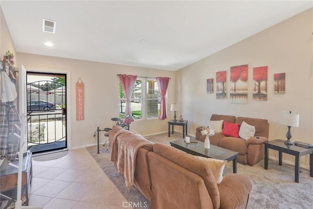32124 Evening Primrose Trl, Campo, CA 91906 - living area featuring light tile patterned floors, recessed lighting, vaulted ceiling, and light carpet