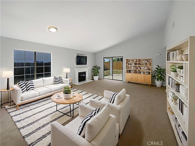 995 Northpark Blvd, San Bernardino, CA 92407 - carpeted living area featuring a fireplace and high vaulted ceiling