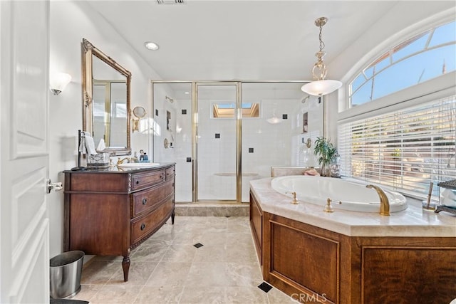 6720 Sycamore Ln, Palmdale, CA 93551 - full bathroom with vanity, a stall shower, a garden tub, and tile patterned flooring