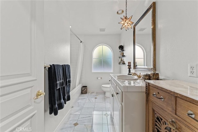 6720 Sycamore Ln, Palmdale, CA 93551 - full bath featuring vanity, marble look tiles, and shower / bathtub combination with curtain