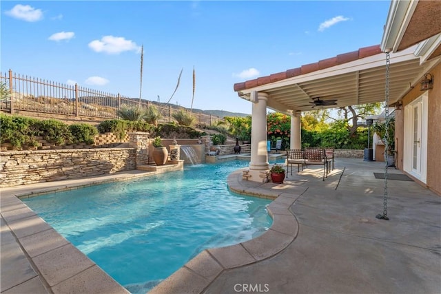 6720 Sycamore Ln, Palmdale, CA 93551 - view of swimming pool with a ceiling fan, a patio, a fenced backyard, and a mountain view