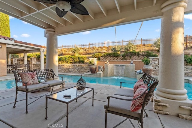 6720 Sycamore Ln, Palmdale, CA 93551 - view of swimming pool with ceiling fan, a patio area, and a fenced backyard
