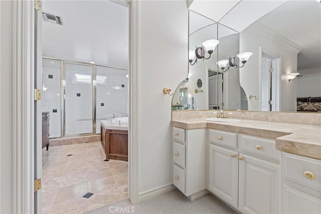 6720 Sycamore Ln, Palmdale, CA 93551 - full bathroom with a stall shower, vanity, crown molding, and a bathtub