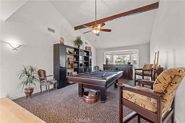 6720 Sycamore Ln, Palmdale, CA 93551 - recreation room with high vaulted ceiling, billiards, beamed ceiling, and ceiling fan